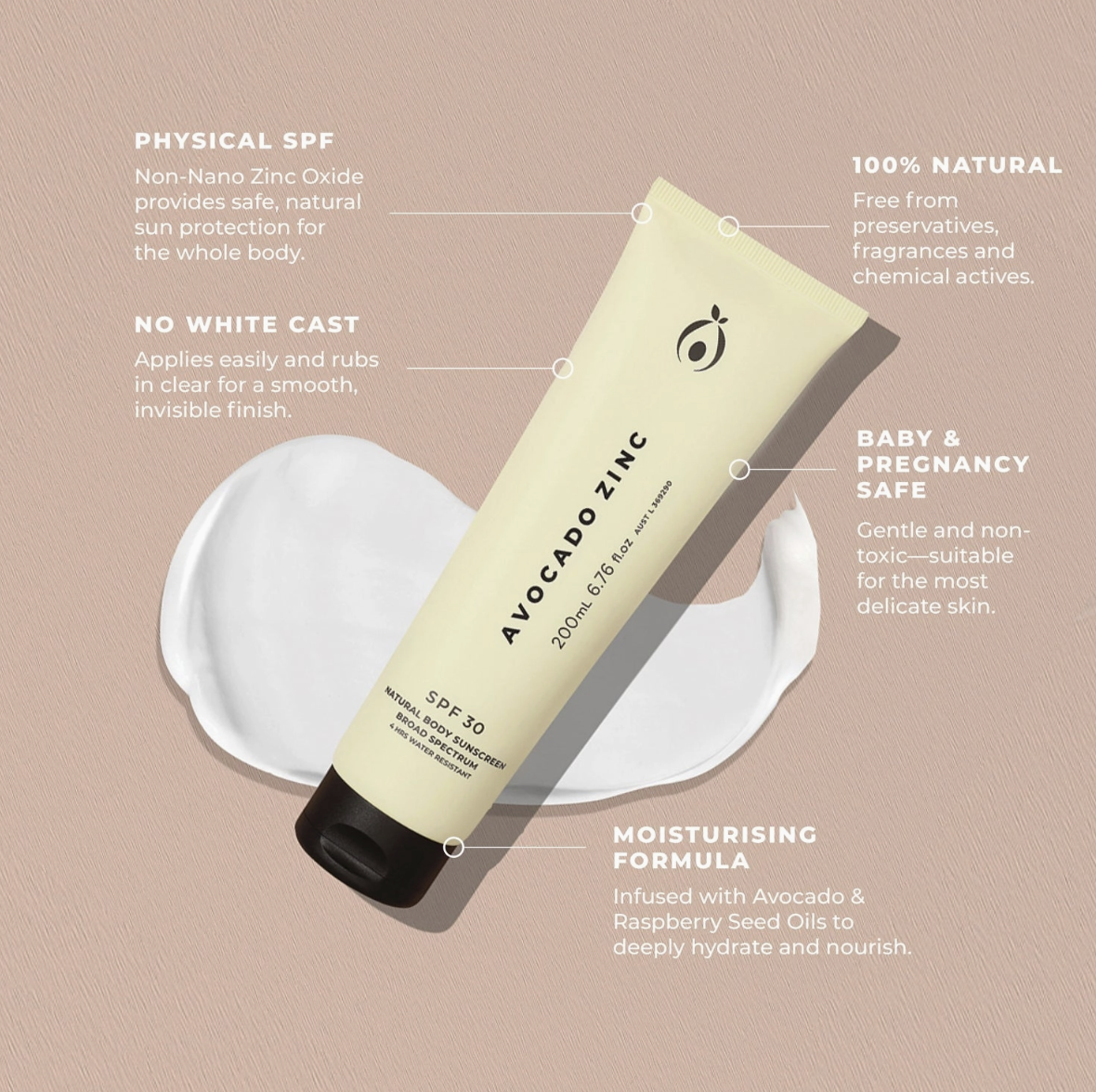 Avocado Zinc – SPF 30 Natural Body Sunscreen (200g)